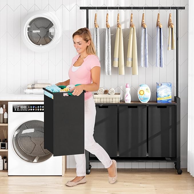 Laundry Sorter 3 Section With Extendable Hanging Bar, Heavy Duty Laundry Basket With Rolling Lockable Wheels And Shelf, Laundry Room Organization And Storage