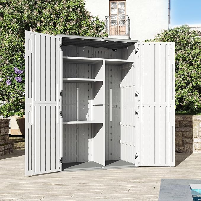 Aoxun 64 Cu.Ft Outdoor Storage Shed with Shelving Kit and Floor, Waterproof Horizontal Resin Cabinet for Trash Cans, Lawn Mowers, Generators, and Garden Tools