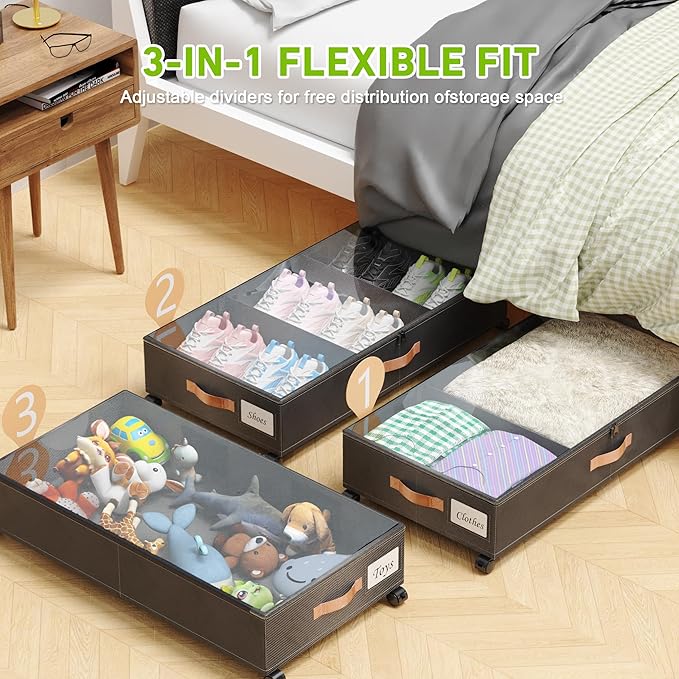 Under Bed Storage with Wheels, 2 Pack Under Bed Storage Containers with Dividers & Clear Lids, Under the bed storage Organizer Bins,Underbed Storage with Wheels for Clothes,Toys,Shoes (Black, 2 Pack)