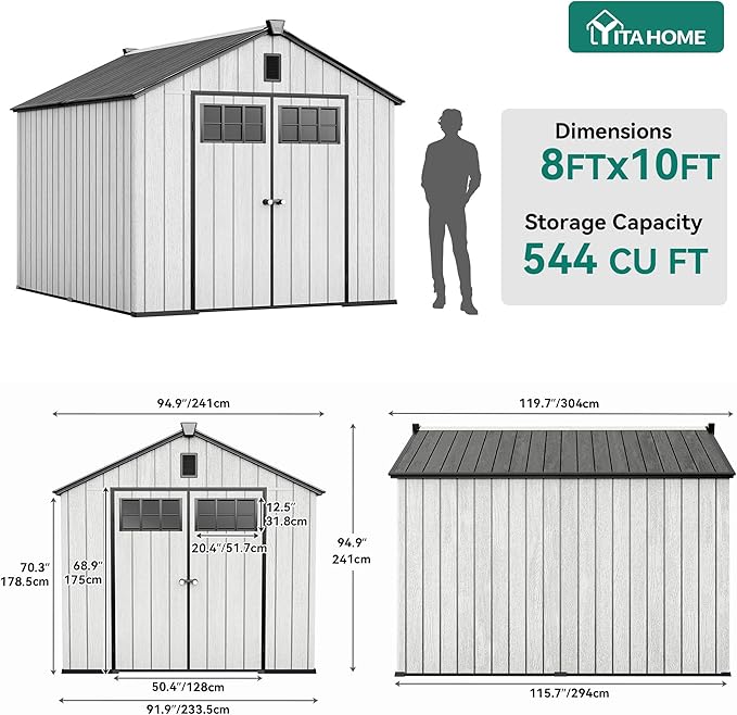 YITAHOME Large Outdoor Storage Shed 8x10 Ft, Extra Thick Plastic Storage Sheds with Floor, Lockable Doors, Vision Grid Windows, Vents, 16mm Heavy Duty Garden Storage for Bikes Mowers and Tools, Gray