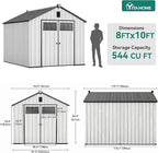 YITAHOME Large Outdoor Storage Shed 8x10 Ft, Extra Thick Plastic Storage Sheds with Floor, Lockable Doors, Vision Grid Windows, Vents, 16mm Heavy Duty Garden Storage for Bikes Mowers and Tools, Gray