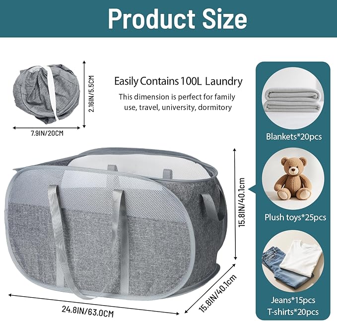 100L Collapsible Laundry Baskets, Tear Proof Pop Up Laundry Hamper with Dual Handles, Large Foldable Laundry Basket, Easy to Carry Laundry Hamper for Home, Laundry Room, Bedroom, Dorm, Travel Grey