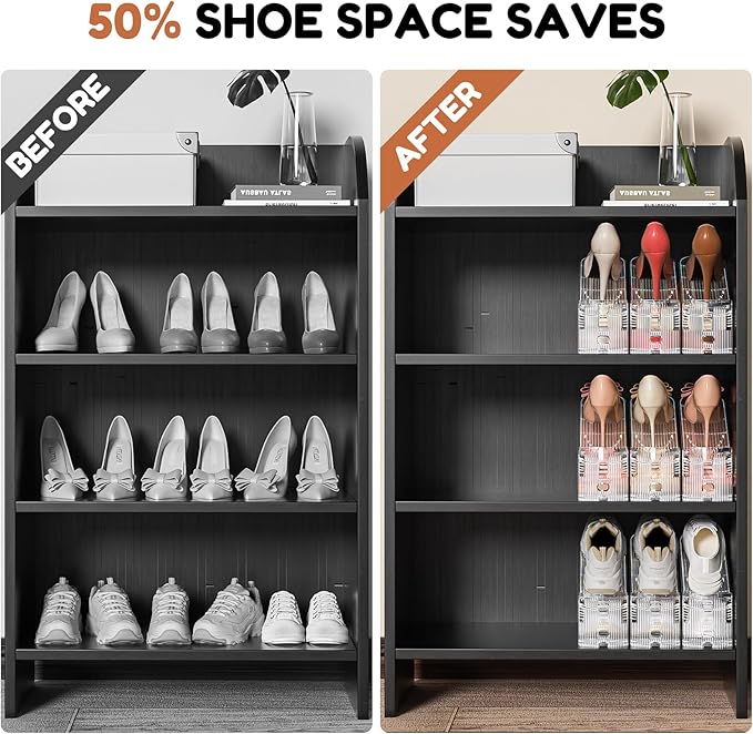 Neprock Shoe Slots Organizer for Closet,12 Pack Acrylic Shoe Stackers for A Pair of Shoes,3 Levels Adjustable Shoe Rack Storage Shoe Space Saver 50%(Clear,12 Pack)