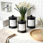 3 Pack Qtip Holder Dispenser, 16oz Bathroom Organizer and Storage Canisters, Glass Apothecary Jars with Lid - Home Decor, Room Decor Aesthetic (Black)