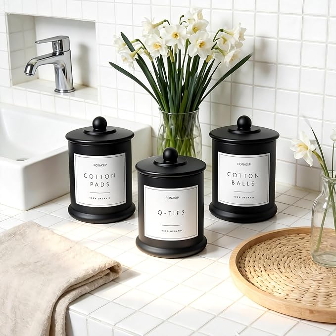 3 Pack Qtip Holder Dispenser, 16oz Bathroom Organizer and Storage Canisters, Glass Apothecary Jars with Lid - Home Decor, Room Decor Aesthetic (Black)