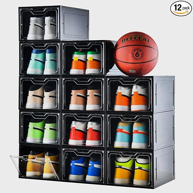 12 Pack Shoe Boxes Organizer, Magnetic Door Shoe Storage Boxes, Clear Sneaker Storage Box for Women/Men, Fit up to US Size 12