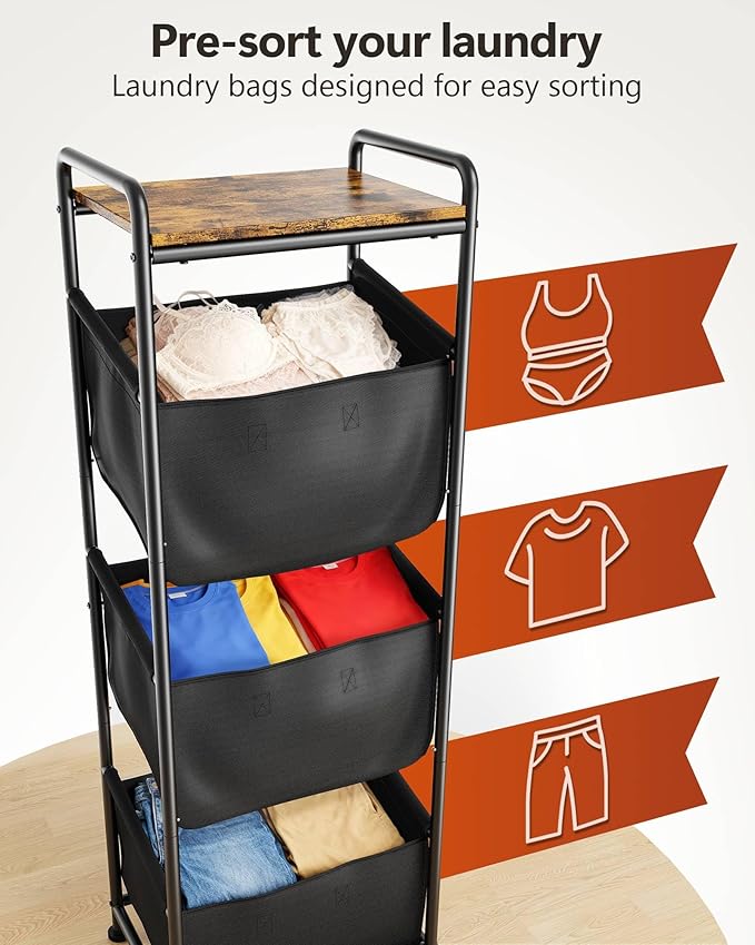 3 Section Laundry Sorter with Removable Bags, 120L Vertical Laundry Hamper with Shelf, Stackable Laundry Baskets organizer for Bathroom, Apartment, Dorm (Black, With Shelf)