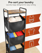 3 Section Laundry Sorter with Removable Bags, 120L Vertical Laundry Hamper with Shelf, Stackable Laundry Baskets organizer for Bathroom, Apartment, Dorm (Black, With Shelf)