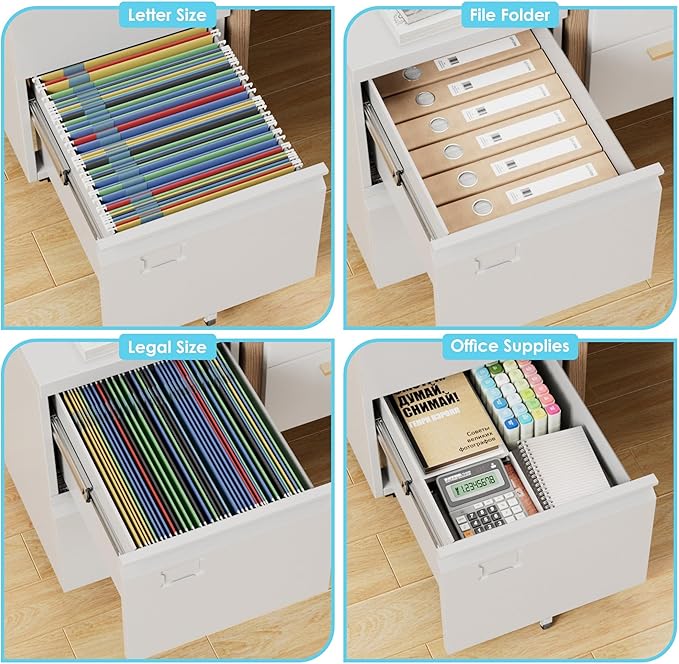 Aobabo 2 Drawer Filing Cabinet with Wheels, Lockable Metal File Cabinet with Business Card Slot for Legal/Letter Size Home Office, Required Assembled,White