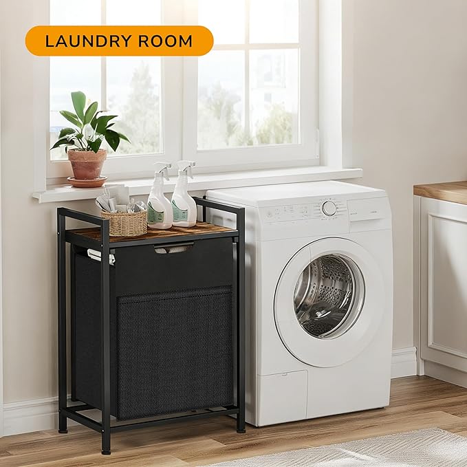 Laundry Hamper with Shelf, Laundry Basket with 1 Pull-Out Removable Bags, 1 x 18.3 Gallons(69L), Metal Frame, Lockable Wheels, for Laundry Room and Bedroom