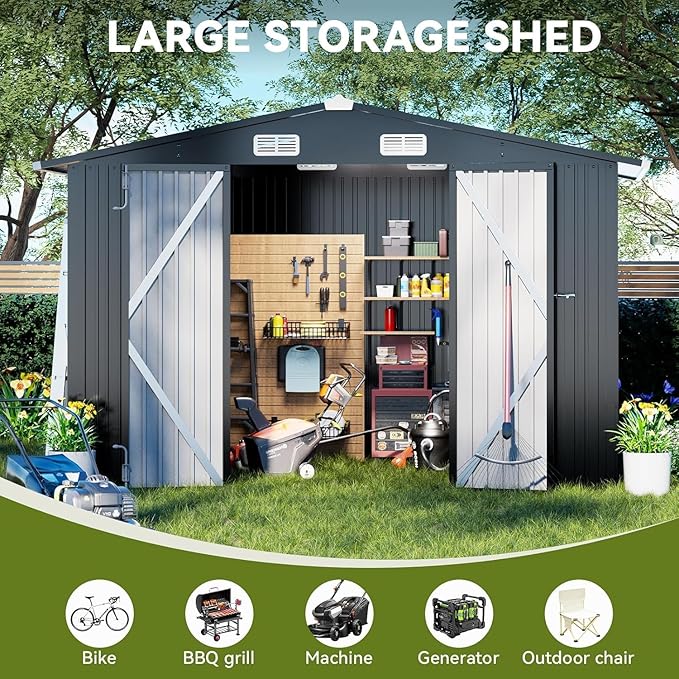 COMHOMA Shed Outdoor Storage Shed Metal,Lockable Doors Tool Sheds with Sloping Roof,Steel Garden Shed with Air Vent for Backyard,Patio,Lawn,Poolside(Grey,10'x12')