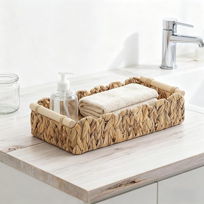 Scalloped Edge Wicker Basket with Wooden Handles, Water Hyacinth Bathroom Counter Organizer for Vanity, Shelves & Coffee Table, Decorative Storage – 14" x 6.3" x 3.9"