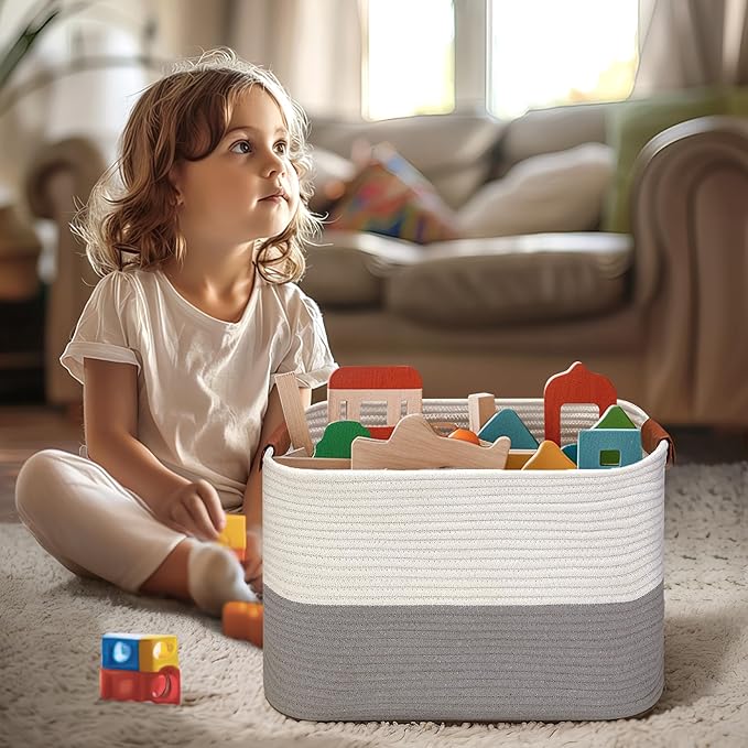 Small Cotton Rope Storage Basket with Leather Handles, 15 "L x 11.5" W x 7.5 "H, Home Decor Basket, Durable & Stylish Organizer for Home.(Small Gray)