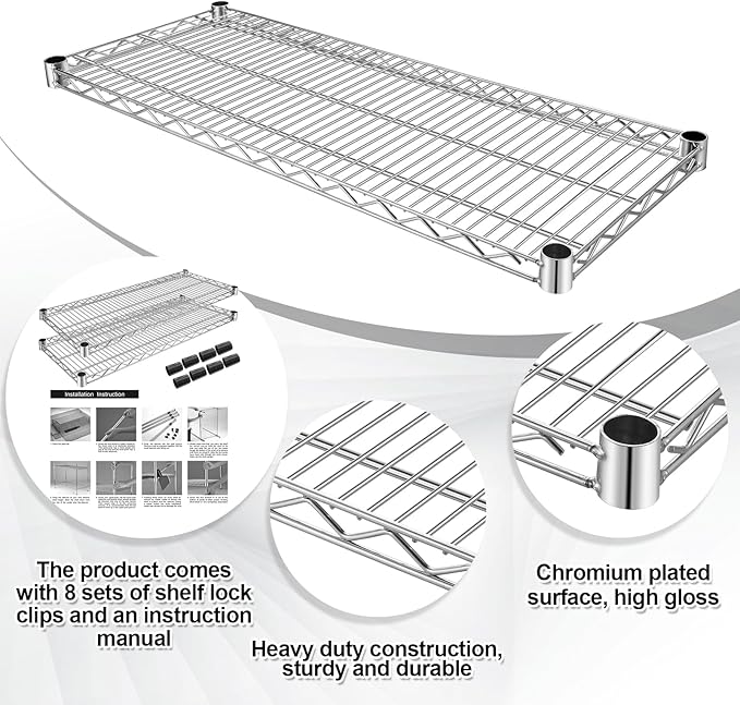 2 Pack Additional Wire Shelf for Wire Shelving Units Chrome Finish Shelving Weight Capacity 600-800 Lb, Heavy Steel Industrial for Warehouses, Closets, Kitchen (Sliver,18" W X 24" L)