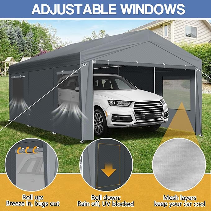 VINGLI 10x20 Carport with Galvanized Steel Frame, Portable Garage with 2 Roll-up Windows & Doors, Removable Sidewalls on Heavy Duty Carport Tents for Cars, Boats, Trucks, Dark Gray