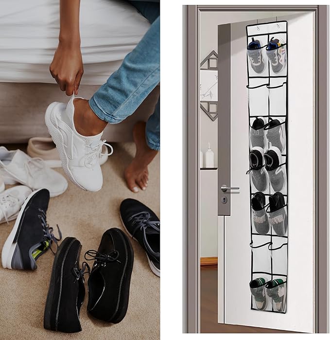 Over The Door Shoe Organizer, 14 Large Mesh Pockets Hanging Shoe Rack for Closet Organizers and Storage, White, 2-pack (white)