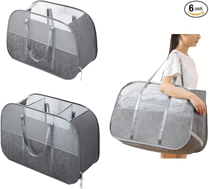 ６Pack collapsible laundry baskets with handles, Laundry Basket Collapsible,Pop Up Mesh Laundry Hamper with Compartments, Foldable Small Laundry Bin Bag (Gray)