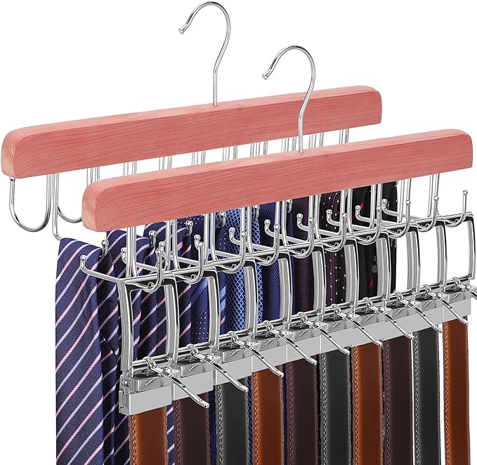 TOPIA HANGER Cedar 2 Pack 2 in 1 Belt Tie Hanger for Closet Max 60 Belts with 60 Ties Capacity, 20 Hooks Belt Tie Racks Hanger for Closet Organizer Storage Curved Fit Belt and Flat Fit Tie - CT60C