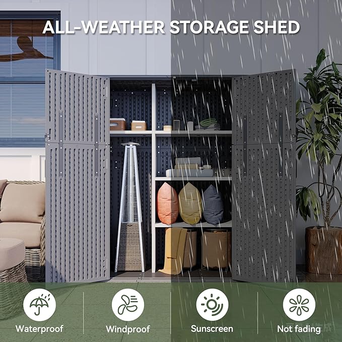 Aoxun Outdoor Storage Shed with Floor, 61 Cu.Ft Large Outdoor Storage Cabinet, Waterproof Vertical Resin Shed for Garden Tools, Pool Equipment, Dark Grey