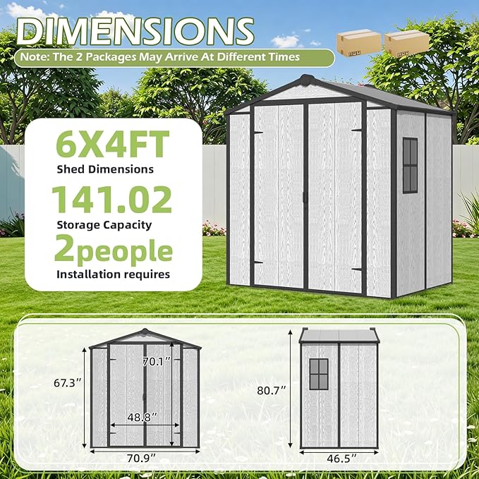 6x4 FT Resin Outdoor Storage Shed, All-Weather Plastic Garden Shed with Floor, Lockable Doors & Windows, Plastic Tool Shed for Poolside, Backyard, Patio