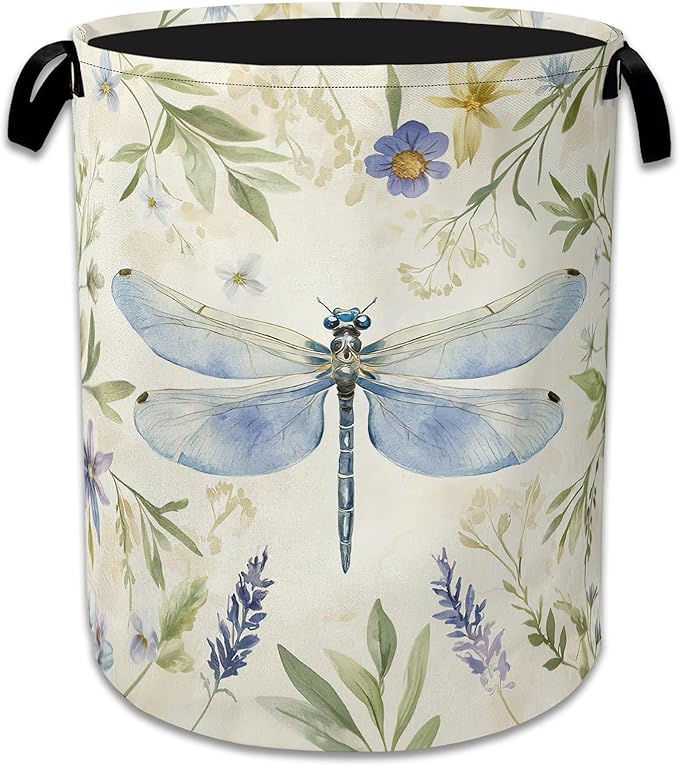 Vintage Dragonfly Laundry Basket,Foldable Waterproof Oxford Cloth Tote Bag Flower Plant Vintage Laundry Hamper with Handles,20.8"x16" Clothes Storage Bucket Organizer for Laundry Room Bathroom Bedroom