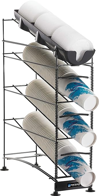 San Jamar Wireworks Cup and Lid Dispenser Fits 8 - 44 Oz. Cups, 4 Tiers with Suction Cup Feet for Restaurants, Fast Food, And Kitchens, Plastic, 8.25 X 21.25 X 28 Inches, Black