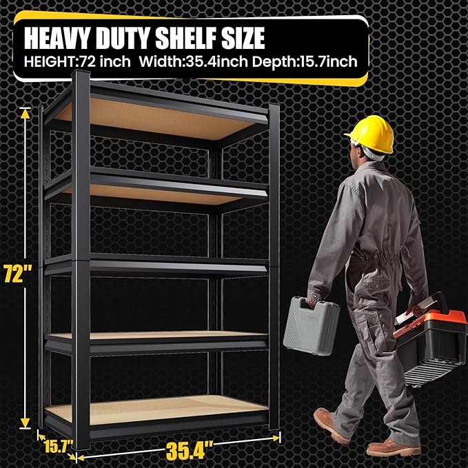 5-Tier Garage Shelving Heavy Duty, 2000LBS Garage Shelves, Adjustable Metal Shelving Unit, Garage Storage Shelves, Utility Storage Rack Shelf，Shelves for Garage Storage, Pantry, 72"H×36"W×16"D
