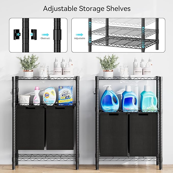 GAOMON Laundry Hamper, Laundry Sorter with 2 Pull-Out & Removable Bag,Laundry Basket Organizer with 2 Tier Adjustable Storage Shelf for Laundry Room,Bathroom,Dorm Organization