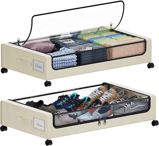 Under Bed Storage with Wheels, XXL 60L Under the Bed Storage Bins, Underbed Storage Containers with Lids & Label, Rolling Metal Drawer for Shoes, Clothes, Books, Toys (2-Pack Beige)