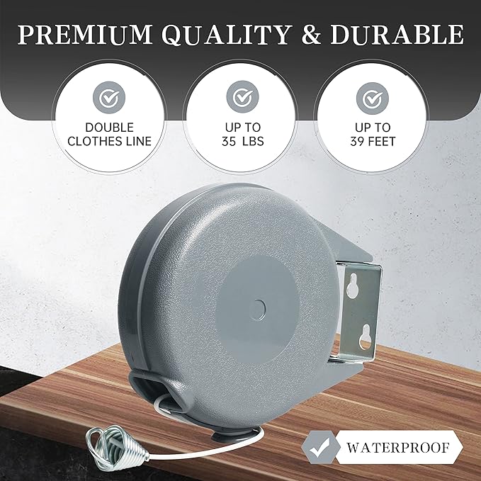 Retractable Clothesline Heavy Duty Retracting Clothes Line Outdoor and Indoor with Durable ABS Shell and 38 Feet Extruded PVC Line,with Lock to Prevent Sagging