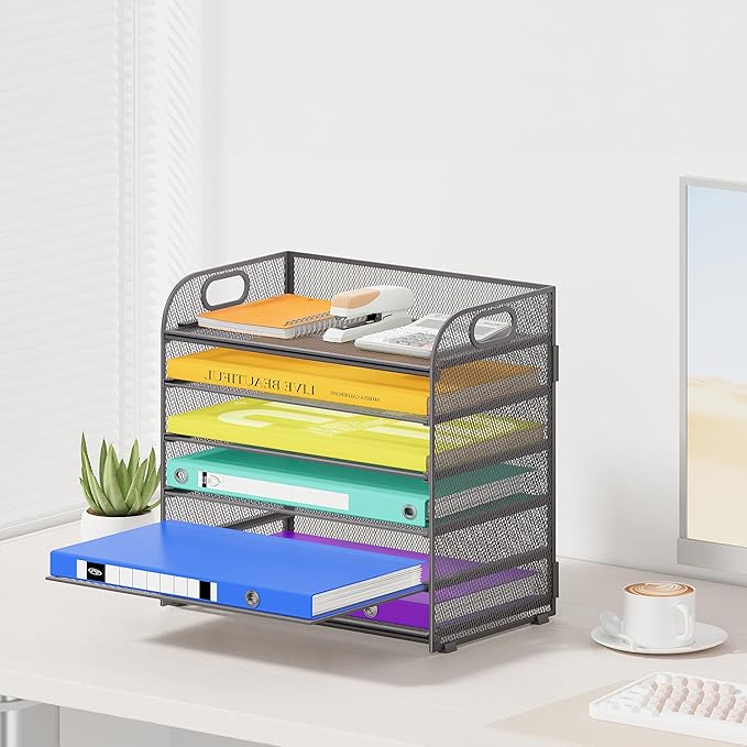 6 Tier Paper Organizer, Grey Letter Tray with Handle, Mesh Desk Organizer, Metal File Organizer, Office Desk Accessories for Home, Office, Classroom, School