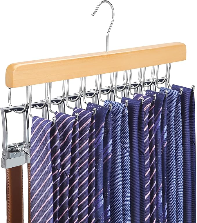 TOPIA HANGER 2 in 1 Belt Tie Hanger for Closet Max 30 Belts with 30 Ties Capacity, 20 Hooks Belt Tie Racks Wooden Hanger for Closet Organizer Storage Space Saving “U” Fit Belt and “一” Fit Tie - CT47N