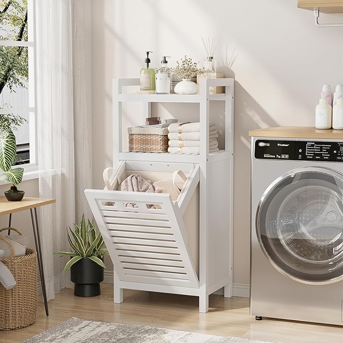 Homykic Tilt Out Laundry Hamper, 10 Gal Bamboo Laundry Storage Cabinet with Removable Basket, Hidden Hamper Organizer with Shelf for Dirty Clothes, Bathroom, Laundry Room, Space Saving, White