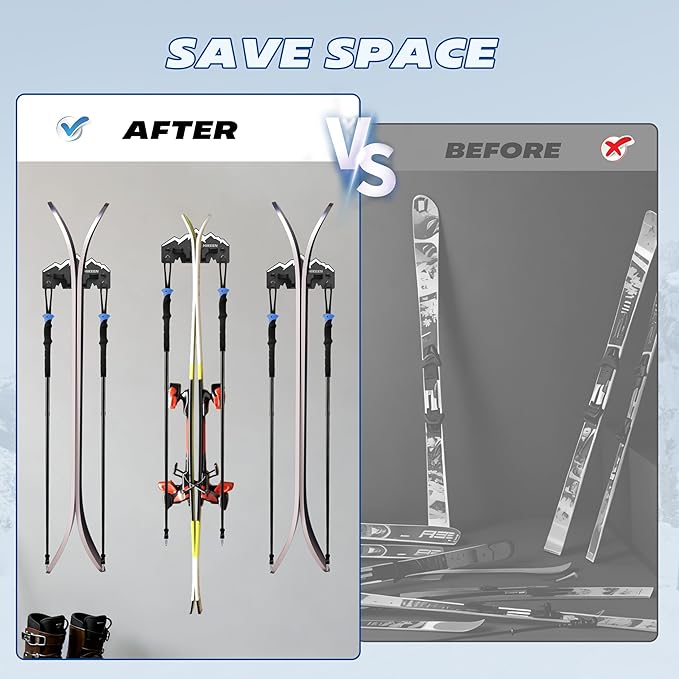 Hikeen Ski Wall Rack for Garage - Ski Wall Mount Storage Rack Fits Any Ski,Garage Organization & Space-Saving Winter Gear - Durable Ski Rack for Wall Display 2Pack