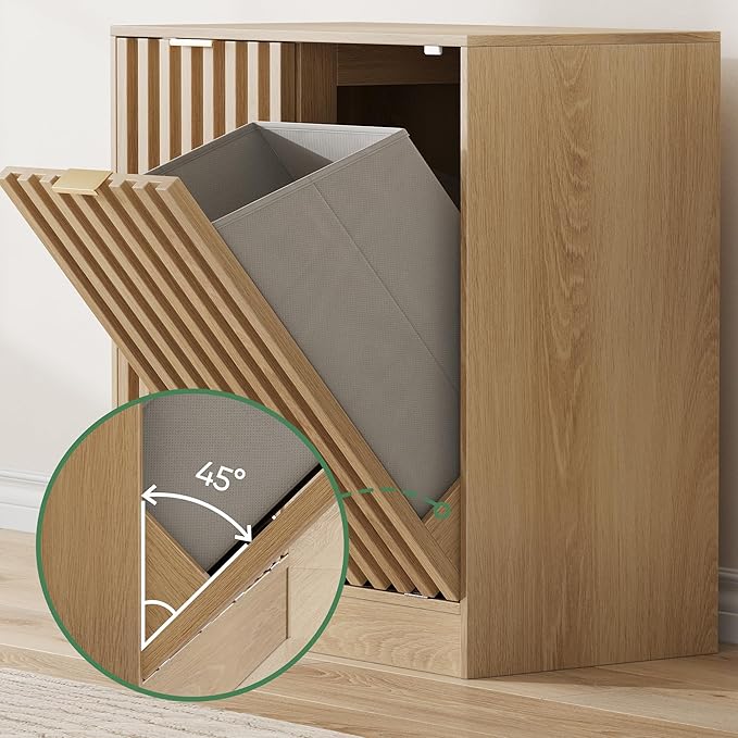 Double Tilt Out Laundry Hamper Cabinet, 11.8 Gallon Fluted Hidden Trash Cabinets with 2 Baskets for Bathroom Kitchen & Living Room, Freestanding Bathroom Storage Cabinet（Natural Oak）