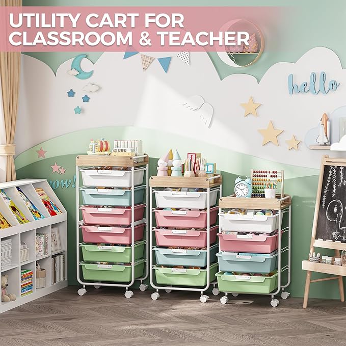 Rolling Craft Storage Cart with 4 Drawers,Utility Cart with Drawers,Art Craft Organizers and Storage,Kids Craft Cart,Kids Art Cart With DIY Lable and Wooden Tabletop Area,Colorful