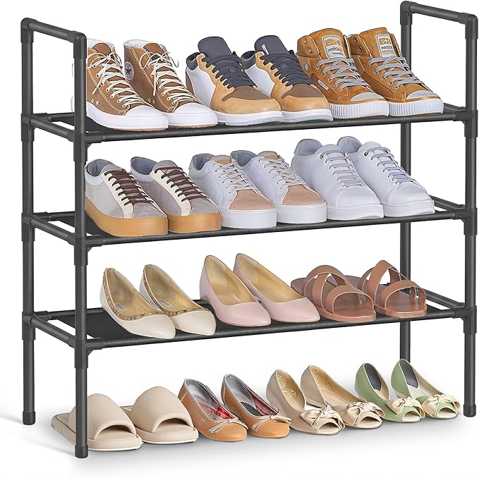 SONGMICS 3-Tier Shoe Rack, Shoe Storage for Hallway Closet, Slim and Space-Saving, Metal Frame, Non-Woven Fabric Shelves, Black ULSH043BH01