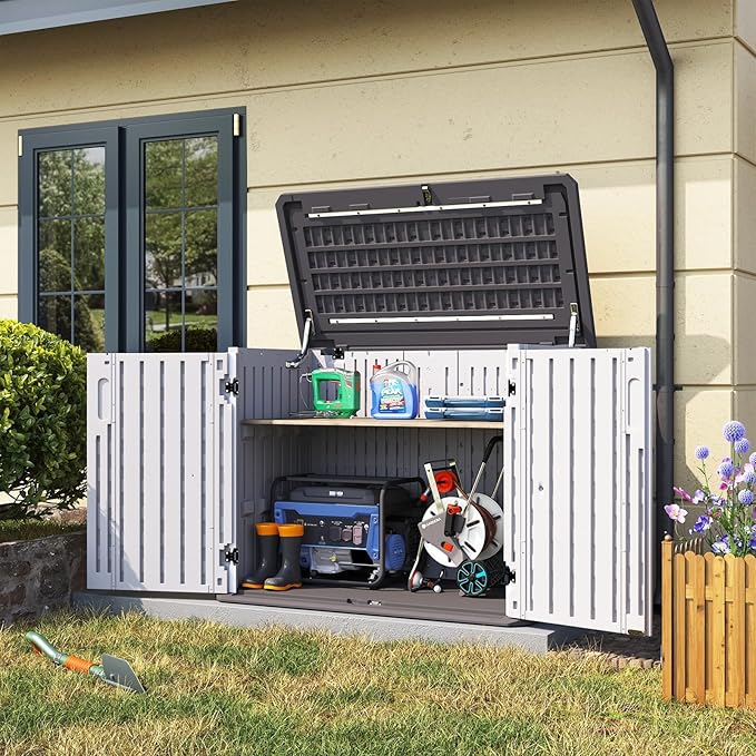 Aoxun Outdoor Storage Cabinet 35 Cu.Ft Outdoor Trash Can Storage Shed Waterproof Horizontal Storage Shed Outdoor Storage for Garbage Bin, Generator, and Lawn Mower (White)