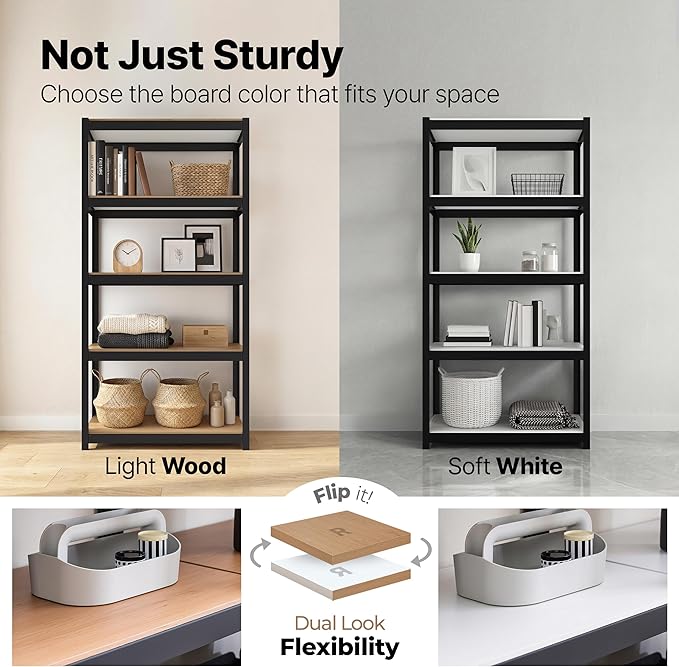 HOMEDANT House 5 Tier Heavy Duty Garage Shelving Adjustable Metal Rack Storage Shelves Standing Shelf Unit Organizers Pantry Closet Office (1, Black, 48.1" W x 16.5" D)