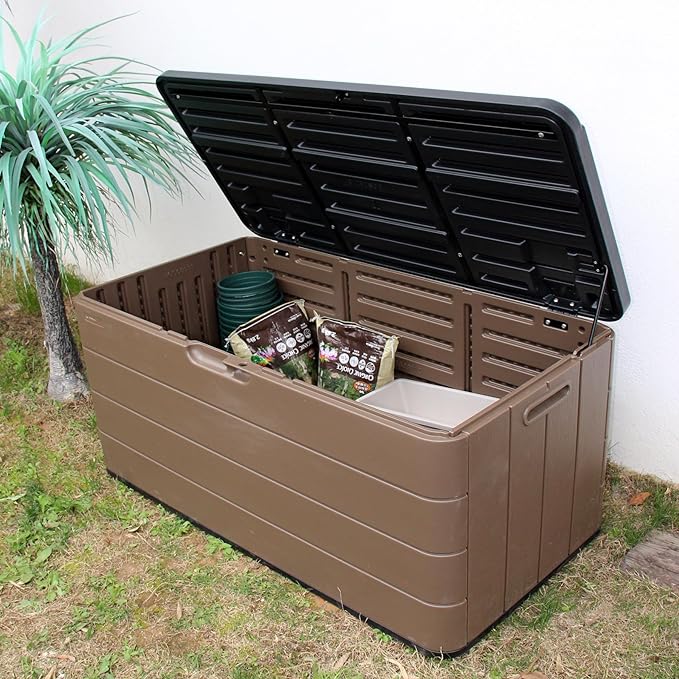 Resin Deck Storage Box, 85 Gallon Outdoor Storage Box Waterproof for Garden Storage,Patio and Backyard, Lockable Brown Color