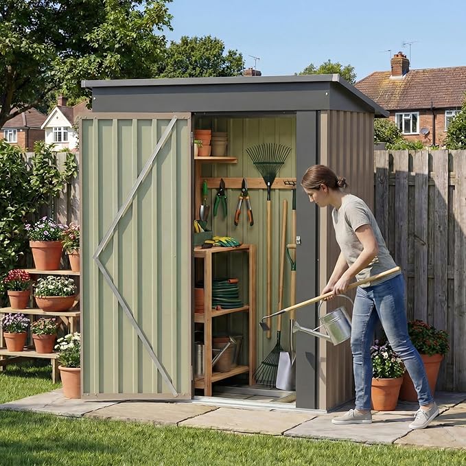 Devoko 5 x 3 FT Metal Storage Shed with Floor Frame Waterproof Garden Tool Shed with Lockable Door, Outdoor Shed Storage House for Backyard Patio Lawn, Brown