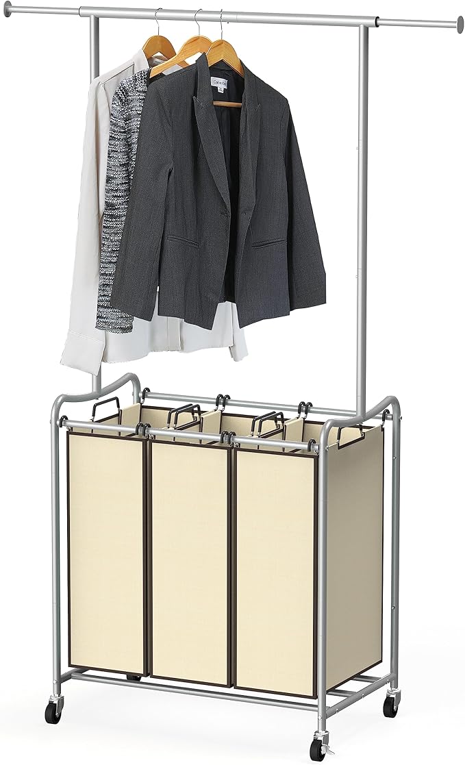 Deco Brothers Heavy Duty 3 Bag Extendable Laundry Sorter Cart with Hanging Bar, Beige