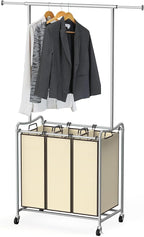 Deco Brothers Heavy Duty 3 Bag Extendable Laundry Sorter Cart with Hanging Bar, Beige