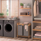 ClosetMaid Bamboo Laundry Hamper and Shelf, 2 Sliding Bag Sections, Laundry Sorter with Dual Compartments, Gray Bags, Natural Finish