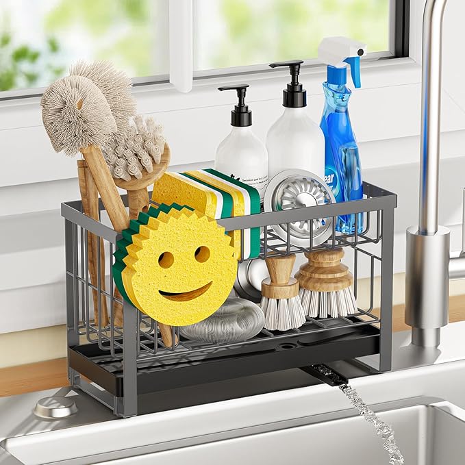 Sponge Holder for Kitchen Sink with Flexible Sink Caddy Smiley Face,2 Tier Kitchen Sink Organizer Countertop and Storage Essentials,Soap Dispenser Organize,Home Decor Accessories-Gray