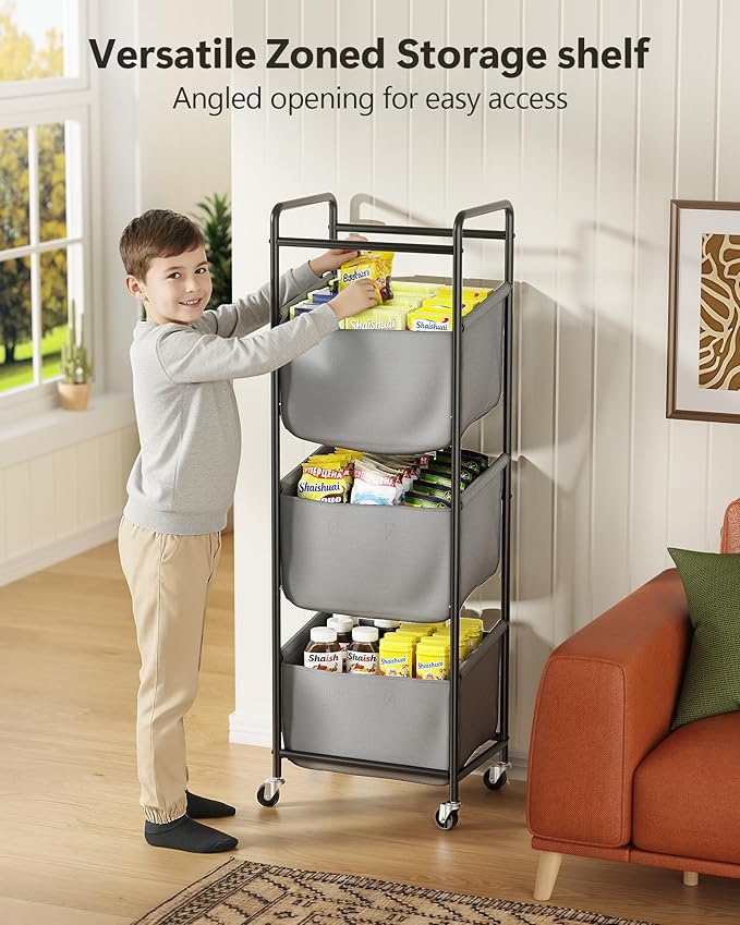 3 Section Laundry Sorter with Removable Bags, 120L Rolling Vertical Laundry Hamper, Stackable Laundry Baskets organizer for Bathroom, Apartment, Dorm (Gray, With Wheel)
