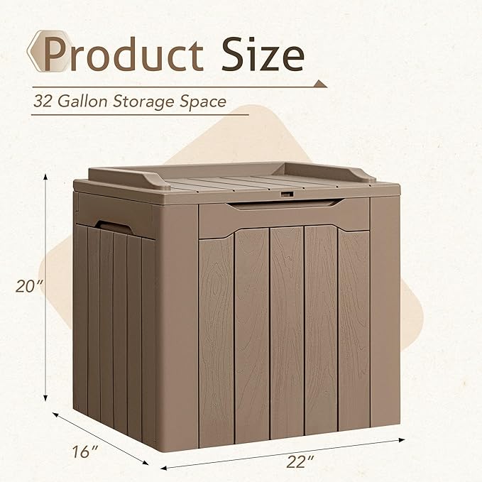 Flamaker Deck Box 31 Gallon Waterproof Resin Small Deck Box with Lid, Indoor Outdoor Package Delivery Box, Organization and Storage for Patio Furniture, Garden Tools, Outdoor Cushions (Light brown)