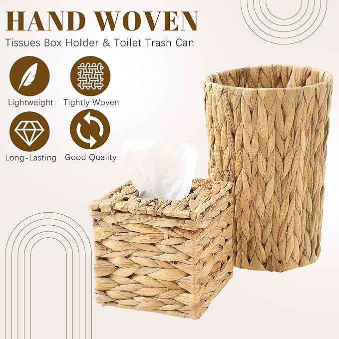 Remerry 16 Pcs Wicker Bathroom Set Toilet Paper Storage, Wicker Tissues Box Holder, Toilet Tank Basket, 2 Gallon Round Trash Can, Shower Curtain Hook, Handwoven Waste Basket for Bedroom, Kitchen, Home