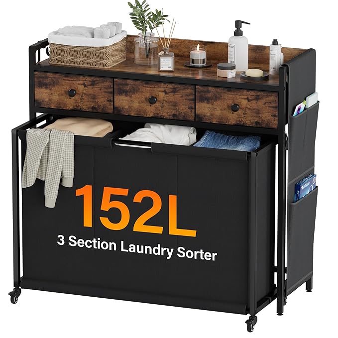 Laundry Sorter 3 Section: Laundry Hamper Basket with Shelf and Wheels - Rolling Laundry Basket Organizer with Drawers and Pull-Out Cart - Clothes Hamper for Living Room Bathroom Bedroom