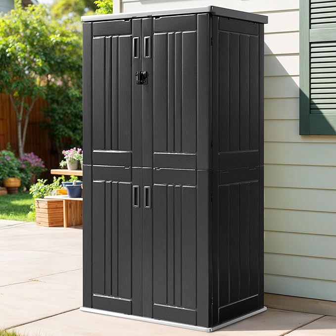 DWVO Outdoor Vertical Storage Cabinet with 4 Shelves, Waterproof Tall Plastic Storage Shed with 4 Adjustable Shelf, 30 cu. ft. Patio Tools Storage Box for Patio, Garden, Backyard, Deck, Dark Gray